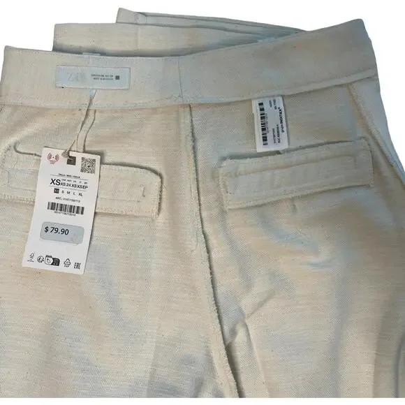 Zara Fringe Trim Wide-Leg Pockets Belt loops Pants Cotton Blend Off-White XS - Picture 10 of 12